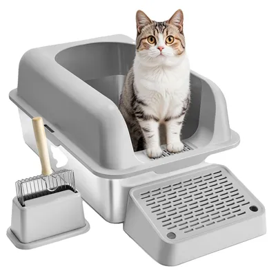 Produktbild von VEVOR Katzenstreu Box, 15 cm tief, XL Extra große Edelstahl Katzenstreu Box mit Schaufel, breiter Filterfußboden & hohe Seiten, geschlossene geruchsfreie leicht zu reinigende Katzenstreu Box, geeignet für große Katzen, Hellgrau