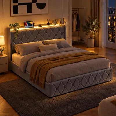 Obrázok produktu pre INONEFT Čalúnená posteľ s úložným priestorom, 140x200 cm, s LED osvetlením a USB portmi, posteľ pre mládež s hydraulickým úložným priestorom, rám postele s latkovým roštom, zamat, sivá farba