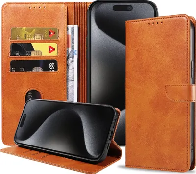 Image de Convient à l'iPhone 15 Pro
  Etui de téléphone en faux cuir avec lèvre magnétique et porte-cartes Etui de livre avec rabat
  Rabat - Marron - Smartphonics