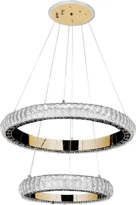 A two-tiered chandelier with crystal-like accents and gold-colored rings, suspended by thin wires against a white background.