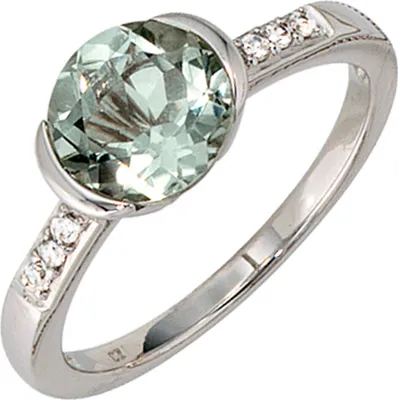 Produktbild von JOBO Damen Ring 585 Gold Weißgold 6 Diamanten Brillanten 1 grüner Amethyst Goldring Größe 52
