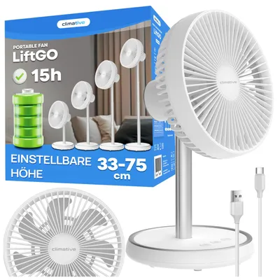 Produktbild von Ventilator Leise Tischventilator Akku Ø 20cm, 2in1 Höhenverstellbar 33-75cm LiftGo, 4000mAh, Table Fan für Büro, Schlafzimmer & Camping Ventilator
