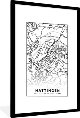 Produktbild von MuchoWow® Gerahmtes Poster Hattingen - Karte - Stadtplan 60x90 cm - Poster mit Schwarzem Bilderrahmen Wandposter Rahmen Foto Bilder - Dekoration - Wandposter Wohnzimmer - Hochwertig