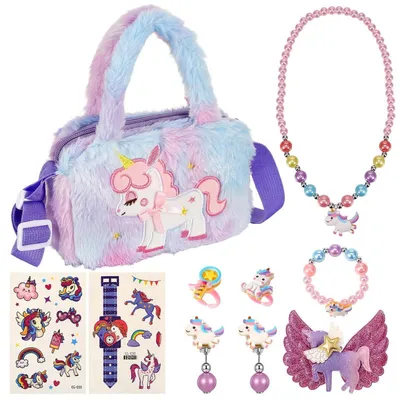 Image de Ensemble de bijoux pour enfant sur le thème de l'unicorn, idéal pour les filles de 3 à 7 ans. Comprend : collier, bracelet, bague, barrette pour cheveux et tatouages temporaires, le tout de couleur violette