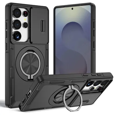 Produktbild von Magnetische Hülle für Samsung Galaxy S25 Ultra, Militär Stoßfest Handyhülle mit Kameraschutz und Ringhalter Ständer Schwarz