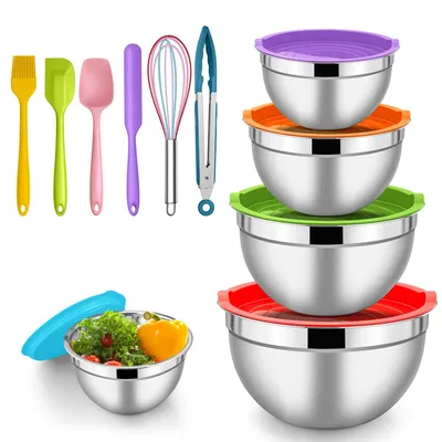Produktbild von Salatschüsseln mit Deckel, 5er-Set aus Edelstahl, Größen 4,5 l/2,7 l/1,5 l/1,2 l/0,7 l, stapelbare Rührschüsseln zum Mischen und Servieren, spülmaschinenfest