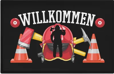 Produktbild von Trendation - Willkommen Fußmatte Grafik Schmutzfangmatte Geschenk Außen Innenbereich 60x40 cm Waschbar Türmatte Feuerwehr