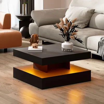 Produktbild von Radelldar Modern Couchtisch Wohnzimmertisch hautänhliche textur mit Beleuchtung, USB, 78 x 78 x 40cm, Schwarz
