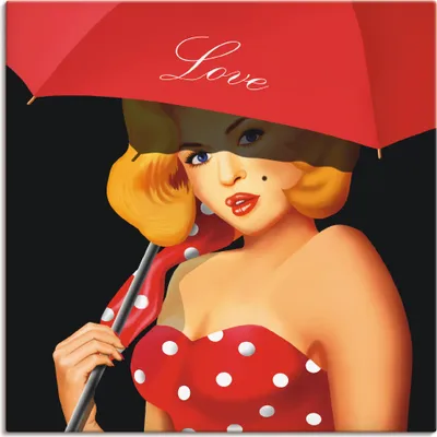 Produktbild von ARTland Leinwandbild Pin-Up Girl unter rotem Regenschirm Größe: 30x30 cm