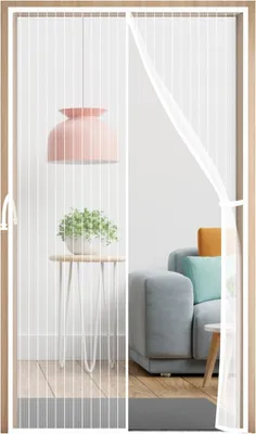 Imagen del producto de Cortina para puerta con imanes, protector de puerta, 100 x 210 cm, malla de poliéster reforzada, cierre automático, ideal para balcones, terrazas y puertas de entrada, color blanco