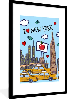 Produktbild von MuchoWow® MuchoWow® Gerahmtes Poster New York - Zeichnung - Taxi 60x90 cm - Poster mit zchwarzem Bilderrahmen - Dekoration - Wandposter Wohnzimmer - Hochwertig