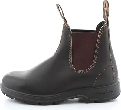 A side view of a brown leather boot against a white background.