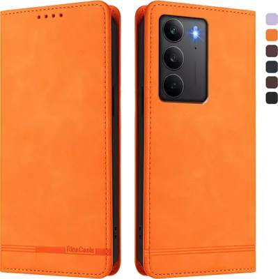Image de Étui pour Realme C75 4G, étui rétro en cuirPolyuréthaneavec support et fentes pour cartes Orange