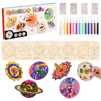 Produktbild von UnboxG DIY Holz Kreisel Bastelset Kinder Weltall, Malset mit Wasserfarbstiften, Bastelspielzeug ab 3 Jahren