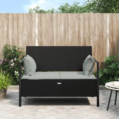 Produktbild von vidaXL Záhradná lavica s 2 sedadlami a vankúšom Black Poly Rattan