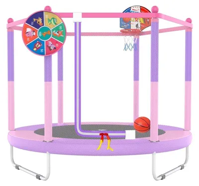 Productafbeelding van Kinder trampolin met basketbalring, 150 cm, geschikt voor binnen en buiten, met veiligheidsnet voor kinderen van 1 tot 8 jaar