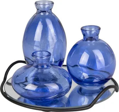 Produktbild von Vasen 3er Set auf Spiegelplatte - blau/silber/schwarz - ca. 18 x 13 cm