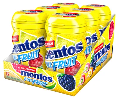 Obrázok produktu pre Mentos Full Fruit Kaugummi, zuckerfrei, Dose 6x 70g 35 Dragees
