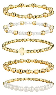 Produktbild von XFSRG 5 Stück Edelstein Armband Damen Tigerauge Perlenarmband Set Gold Elastisch