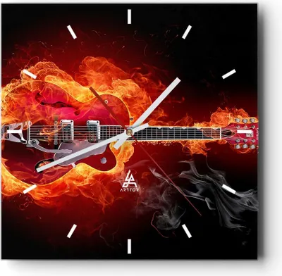 Produktbild von Wanduhr - Quadrat - Glasuhr - Instrument Flammen Saiten - 40x40cm - Schleichendes Uhrwerk - Lautlos - zum Aufhängen bereit - Dekoration Modern - Wanddekoration aus Glas - C3AC40x40-0201