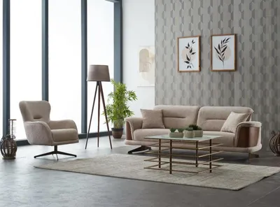 Produktbild von Polstersofa Couchgarnitur Dreisitzer Sessel Beige Couch Stoffsofa 2tlg