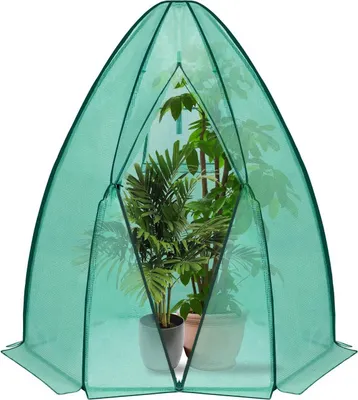 A green greenhouse tent with plants inside, set against a white background.