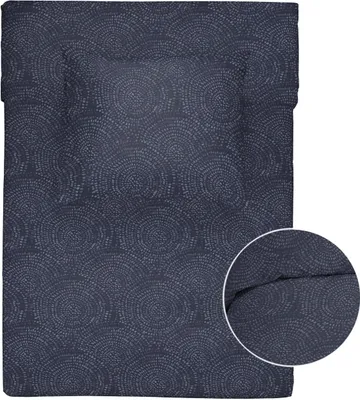 A close-up view of a blue duvet cover with a circular pattern.
