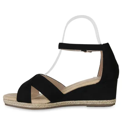 Produktbild von VAN HILL Damen Keilsandaletten Sandaletten Bast Sommer Schuhe 841127, Farbe: Schwarz Velours, Größe: 38