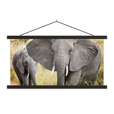 Produktbild von MuchoWow® Textilposter Elefant - Tiere - Gras - Natur 90x45 cm mit schwarzem Rahmen - Klemmleisten