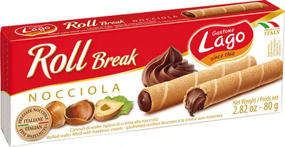 Zdjęcie produktu dla Lago Roll Nocciola 80g włoskie rurki waflowe z kremem orzechowym