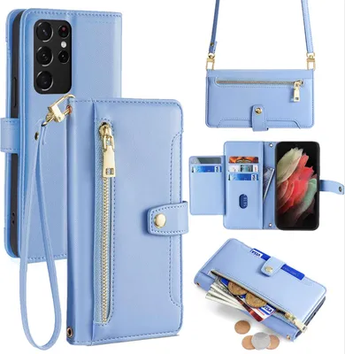 Produktbild von Handykette Samsung Hülle mit Band Handyhülle Kartenfächer Kunstleder Umhängetasche Galaxy S21 Ultra Hellblau