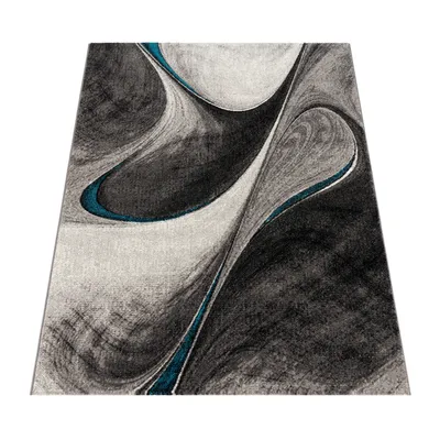 Image de Tapis moderne à poils courts pour salon, motif abstrait chiné, gris, bleu, noir, dimensions 80 x 150 cm