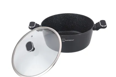 A black pot with a glass lid is shown against a white background.