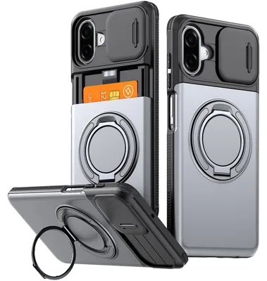 Image de Coque de protection pour téléphone Samsung Galaxy A06 / A07 5G/4G, avec compartiment pour cartes, protection coulissante pour l'appareil photo, support à anneau et protection anti-chocs, couleur grise