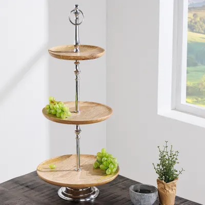 Produktbild von riess-ambiente Dekorative Etagere PURE NATURE 68cm silber Mangoholz drei Etagen Serviertablett Dekotablett