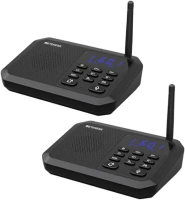 Two black wireless intercom units are shown from a diagonal angle against a white background.