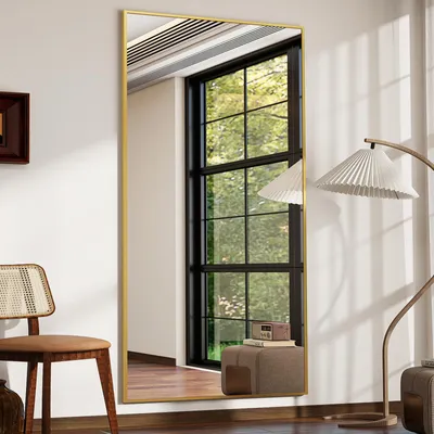 Produktbild von Koonmi 89x198 cm Große Standspiegel, Minimalistische schmaler Aluminiumrahmen, stehend oder hängend für Wohnzimmer und Schlafzimmer, Gold