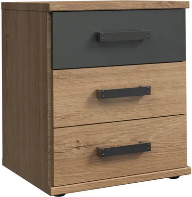A close-up, front-facing view of a nightstand with three drawers.