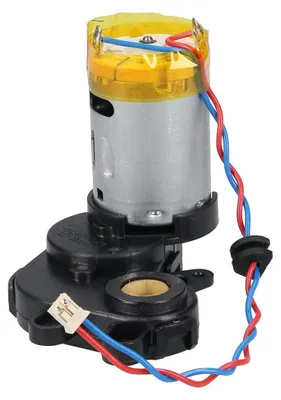 A close-up studio shot of a robot vacuum cleaner motor with attached gears and wires.