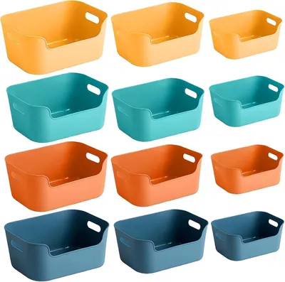 Image de Panier de rangement en plastique, lot de 12 boîtes de rangement pour salle de bain, paniers de rangement empilables avec poignées pour la cuisine