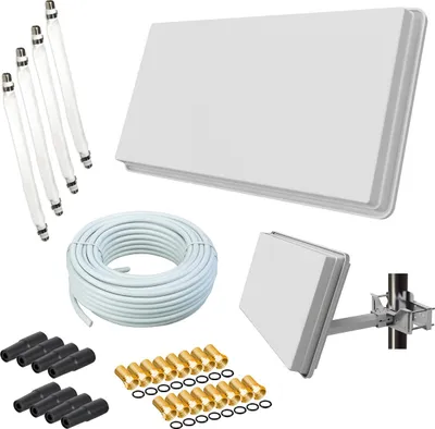 Produktbild von Selfsat H30D4+ Flachantenne Quad + 50m Kabel + Fensterhalterung + 4 Fensterdurchführung + 16 F-Stecker + 8 Wetterschutztüllen (Full HD 4K UHD Sat Anlage für 4 Teilnehmer)