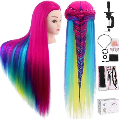 Productafbeelding van Kapsalon oefenhoofd, 100% synthetisch haar, 80 cm, met accessoires