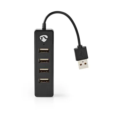 A black USB hub with four ports and a USB-A connector is shown against a white background.