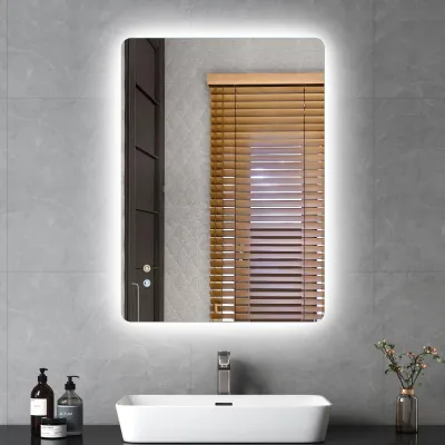 Produktbild von LED Badezimmerspiegel - Wandmontierter Schminkspiegel - Touchscreen - Beschlagfrei - 3-farbig dimmbares Licht - Rechteckig rahmenlos 15 cm - Ohne Zeitanzeige