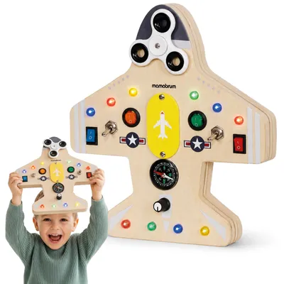 Obrázok produktu pre Manipulačná doska Mamabrum v tvare lietadla s kompasom a vrtulou, 10 LED svetiel, rozmer 25 × 27 × 3 cm, vhodné od 3 rokov
