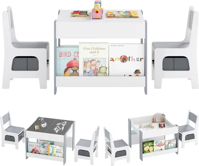 Image de COSTWAY Table pour enfants avec 2 chaises, Ensemble de sièges pour enfants en bois avec plateau de table, étagère à livres & boîtes, Table à dessin pour enfants avec espace de rangement pour enfants à partir de 3 ans, Gris