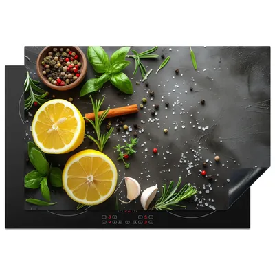 Obrázek produktu pro KitchenYeah® Kryt varné desky citron - bylinky - betonový vzhled, 76x51cm, dekorace do kuchyně, keramický kryt varné desky, krycí deska na varnou desku