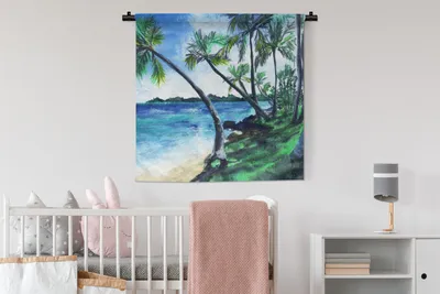 Produktbild von MuchoWow® Wandteppich Wandbehang Palme - Strand - Aquarell 90x90 cm Tapisserie Dekoration Wandtuch - Wandaufhänger