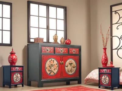 Produktbild von Chinesische Möbel Kombination/Set RedMagic, Asia Möbel Schlafzimmer Shabby Chic Vintage rot-schwarz Sideboard Kommode Schrank Hochzeitsschrank & 2 Nacht-Schränkchen Nachtkommoden Nachtkästchen orientalisch asiatisch chinesisch fernöstlich
