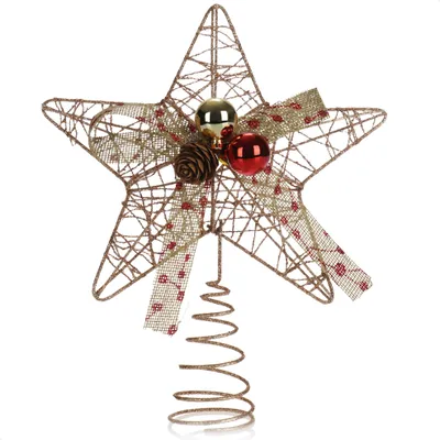 Produktbild von COM-FOUR® Deko Weihnachts-Stern - goldfarbener Stern mit Schleife, Zapfen und Kugeln - Christbaum-Schmuck - glitzernde Weihnachtsdekoration zum Hinstellen